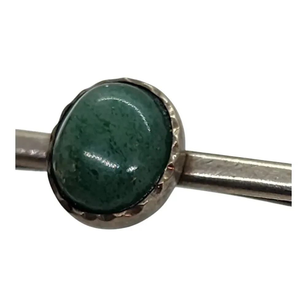 Antique Long Bar Brooch Pin Sterling Silver Jade Cabochon Tie Suite Collar Hat